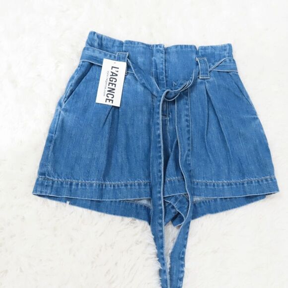 L'Agence Blue Denim Hillary Paperbag Waist Shorts with Sash Belt Size 25